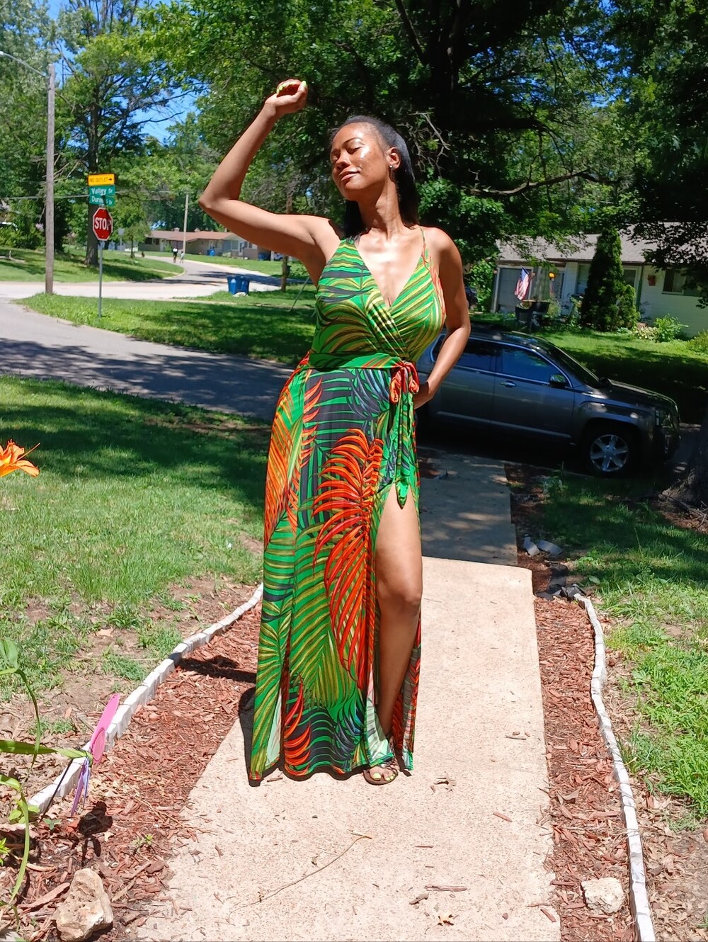 Green Tropical Maxi Dress with Orange Leaf Print